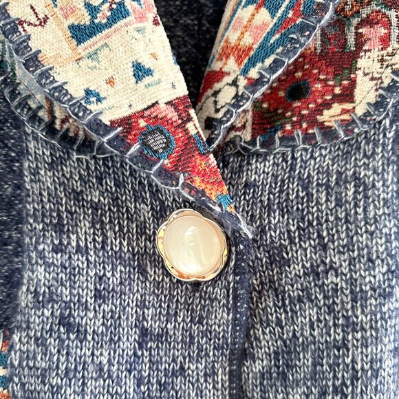 Sioni Knit Cardigan Sweater Sz M Navy Patchwork Southwestern Tapestry Trim Boho - Picture 6 of 10